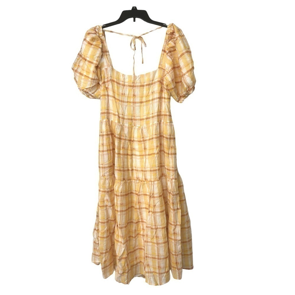 ASTR The Label Yellow Plaid Puff Sleeve Tiered Open Back Midi Dress Cottage M - Picture 4 of 9